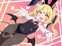  1girl :d absurdres alternate_costume animal_ear_hairband animal_ears asymmetrical_hair black_horns black_leotard black_pantyhose black_tail black_wings blonde_hair blue_archive cameltoe commentary covered_navel demon_girl demon_horns demon_tail demon_wings detached_collar fake_animal_ears flat_chest hairband halo highleg highleg_leotard highres horns ibuki_(blue_archive) leotard lk149 loli long_hair low_wings neck_ribbon open_mouth pantyhose playboy_bunny pointy_ears rabbit_ear_hairband rabbit_ears reaching reaching_towards_viewer red_ribbon ribbon side_ponytail smile solo strapless strapless_leotard tail wings wrist_cuffs yellow_eyes yellow_halo 