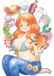  1girl :q absurdres arm_support bikini bikini_top_only birthday blue_pants blush boned_meat bottle breasts brown_eyes chef_hat cleavage closed_mouth cloud commentary_request denim earrings feet_out_of_frame flower food fruit green_bikini guitar halterneck hat highres instrument invisible_chair jeans jewelry katana large_breasts long_hair meat nami_(one_piece) nami_(one_piece)_(return_to_sabaody) one_piece orange_(fruit) orange_hair orange_slice pants pearl_earrings pink_flower sake_bottle shoulder_tattoo single_sidelock sitting smile solo staff stomach straw_hat striped_bikini striped_clothes swimsuit sword tattoo tongue tongue_out traditional_media wavy_hair weapon yachiy0 zeus_(one_piece) 