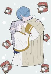  1boy 1girl blue_hair brown_cape cape capelet commentary_request drill_hair elf frieren frieren_stuck_in_a_mimic_(meme) height_difference highres himmel_(sousou_no_frieren) hug meme mimic mimic_chest official_alternate_hairstyle pointy_ears shirt signature sousou_no_frieren tm102tm twin_drills white_capelet white_shirt 