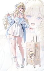  1girl absurdres alternate_costume blonde_hair blue_eyes breasts cleavage crown_(nikke) doro_(nikke) dress drill_hair drill_sidelocks frilled_thigh_strap full_body goddess_of_victory:_nikke highres large_breasts long_hair rolling_suitcase shoes sidelocks solo suitcase thigh_strap uyuri_(89976220) very_long_hair white_background white_dress white_shoes zoom_layer 