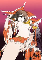  1futa bar_censor bow box breasts brown_hair censored cum detached_sleeves donation_box from_below futanari gohei hair_bow hair_ornament hakurei_reimu has_uncensored_version japanese_clothes looking_at_viewer md5_mismatch miko nipples no_panties open_clothes penis pussy shide smile solo touhou transpot_nonoko wrist_cuffs yellow_eyes  rating:Explicit score:39 user:Dolljoints