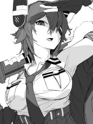  1girl breast_pocket breasts collared_shirt eyepatch fang fur-trimmed_jacket fur_trim gloves greyscale hair_between_eyes headgear highres jacket kantai_collection large_breasts looking_at_viewer monochrome necktie off_shoulder open_clothes open_jacket open_mouth over_shoulder partially_fingerless_gloves pocket sannsogyoraikai shirt short_hair simple_background sleeveless sleeveless_shirt solo sword tenryuu_(kancolle) tenryuu_kai_ni_(kancolle) upper_body weapon weapon_over_shoulder 