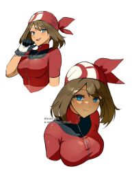  1girl ariekochan bandana blue_eyes blush breasts brown_hair closed_mouth gloves highres large_breasts looking_at_viewer may_(pokemon) nintendo open_mouth pokemon pokemon_rse red_bandana red_shirt shirt short_hair simple_background smile solo upper_body white_background zipper 
