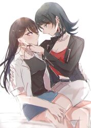  2girls bang_dream! bang_dream!_it&#039;s_mygo!!!!! black_choker black_hair black_jacket black_shirt blue_eyes blue_skirt blush brown_hair chain chain_necklace choker closed_mouth commentary ear_piercing grey_skirt hand_on_another&#039;s_face hand_on_another&#039;s_thigh highres jacket jewelry mochizuki_(8_wa0407) multiple_girls necklace parted_lips piercing purple_eyes red_shirt shiina_taki shirt simple_background sitting sitting_on_lap sitting_on_person skirt sweatdrop white_background white_shirt yahata_umiri yuri 