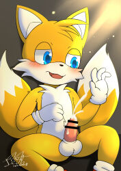 1boy 2024 animal_ears bar_censor blue_eyes blush censored cum dated ejaculation erection feith-zr fox_boy fox_ears fox_tail furry furry_male gloves handsfree_ejaculation highres male_focus multiple_tails nude open_mouth penis shota solo sonic_(series) spread_legs tail tails_(sonic) testicles two_tails white_fur white_gloves yellow_fur