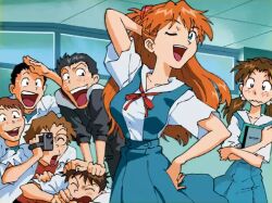  2girls 5boys aida_kensuke arm_behind_head black_hair blue_eyes breasts brown_hair camera fake_screenshot glasses hand_on_own_hip horaki_hikari ikari_shinji large_breasts long_hair low_twintails model_pose multiple_boys multiple_girls neon_genesis_evangelion official_art one_eye_closed open_mouth orange_hair recording school_uniform shirt short_hair smile souryuu_asuka_langley suzuhara_touji tokyo-3_middle_school_uniform tony_takezaki twintails wink 