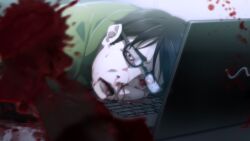  black_hair bleeding blood blood_censor blood_from_mouth blood_in_mouth blood_on_face blood_on_keyboard blood_on_laptop blood_splatter blood_stain bloodshot_eyes bloody_tears chaos;child colored_skin computer corpse crying crying_with_eyes_open death desk exposed_bone flesh game_cg glasses green_jacket grey_eyes head_on_table highres injury jacket laptop non-web_source nosebleed official_art ootani_yuuma open_mouth pale_skin pool_of_blood saliva sasaki_mutsumi severed_hand short_hair snot_trail tears track_jacket white_skin 