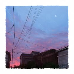  alu.m_(alpcmas) border building cloud cloudy_sky commentary_request crescent_moon evening highres house moon no_humans original power_lines scenery signature sky sky_focus urban utility_pole white_border 