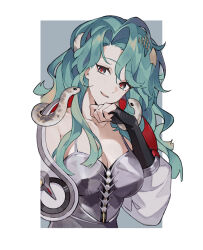  1girl :d absurdres aqua_hair border breasts cleavage dress green_eyes grey_background hand_up highres hissabeth jacket long_hair long_sleeves looking_at_viewer medium_breasts open_mouth outside_border quanx70909457 red_pupils reverse:1999 silver_dress sleeveless sleeveless_dress slit_pupils smile snake snake_on_head solo spaghetti_strap upper_body white_border white_jacket 
