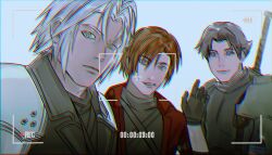  3boys aged_down angeal_hewley armor battery_indicator black_gloves black_hair black_jacket blue_eyes brown_hair closed_mouth final_fantasy final_fantasy_vii final_fantasy_vii_ever_crisis genesis_rhapsodos gloves green_eyes grey_hair hair_between_eyes highres jacket male_focus multiple_boys newb_ff7r parted_bangs parted_lips pauldrons red_jacket sephiroth sephiroth_(ever_crisis) shoulder_armor slit_pupils smile upper_body viewfinder 