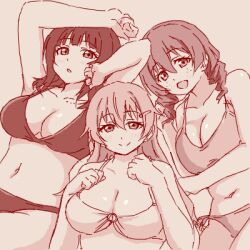  3girls arm_above_head arm_up asaka_karin bare_shoulders bikini blush breasts cleavage closed_mouth emma_verde freckles growth170 hair_ornament hairclip konoe_kanata large_breasts long_hair looking_at_viewer love_live! love_live!_nijigasaki_high_school_idol_club mole monochrome multiple_girls navel open_mouth parted_lips short_hair simple_background smile swimsuit 