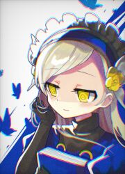  1girl anaglyph black_gloves blonde_hair blue_butterfly blue_dress blue_hairband blush book bug butterfly dress elbow_gloves film_grain flower frilled_hairband frills gloves golden_rose hair_flower hair_ornament hairband hand_up highres holding holding_book insect lavenza_(persona_5) light_smile long_hair looking_down offbeat persona persona_5 persona_5_the_royal portrait puffy_short_sleeves puffy_sleeves short_sleeves side_part solo turtleneck turtleneck_dress upper_body white_background yellow_eyes 