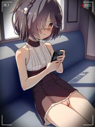  1girl absurdres bare_arms bare_shoulders battery_indicator black_hair black_skirt blush borrowed_character braid breasts cellphone cleft_of_venus closed_mouth commentary_request crown_braid exhibitionism eyepatch female_pervert hair_ornament hair_over_one_eye high-waist_skirt highres holding holding_phone indoors looking_at_viewer miniskirt no_panties original paid_reward_available peeking pervert phone public_indecency pussy recording red_eyes shirt short_hair sitting skirt skull_hair_ornament sleeveless sleeveless_shirt small_breasts smartphone solo special_cat train_interior uncensored viewfinder voyeurism white_shirt  rating:Explicit score:197 user:danbooru