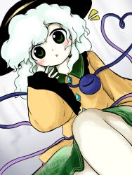  1girl :o black_hat blouse blush buttons collared_shirt commentary_request contrast_collar diamond_button floral_print frilled_shirt_collar frills green_eyes green_hair green_skirt grey_background hand_up hat hat_ribbon heart heart_of_string heripantomorrow knee_up komeiji_koishi long_sleeves looking_at_viewer medium_hair notice_lines parted_lips print_skirt ribbon rose_print shirt skirt solo standing third_eye touhou wide_sleeves yellow_ribbon yellow_shirt zun_(style) 