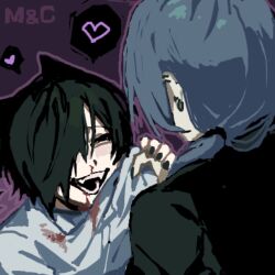  2boys animal_ears black_eyes black_hair black_nails blood blood_on_clothes blue_hair chino_(sky_tanosi) clothes_grab commentary dog_boy dog_ears ear_piercing english_commentary fangs hair_over_one_eye hair_over_shoulder heart low_ponytail male_focus multiple_boys nosebleed original piercing ponytail purple_background shirt_grab short_hair simple_background spoken_heart upper_body yaoi 