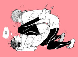 10s 2boys all_fours anal anal_object_insertion black_hair blush closed_eyes clothes_pull condom condom_on_penis free! glasses hugging_own_legs interlocked_fingers leg_lock lineart looking_at_another lying male_focus male_penetrated male_pubic_hair missionary monochrome multiple_boys muscular nipples object_insertion on_back pants pants_pull penis pink_background profile pubic_hair ryouko_(lovelovela) ryuugazaki_rei sex skin_tight speech_bubble sweat swimsuit tachibana_makoto thought_bubble topless_male yaoi rating:Explicit score:40 user:danbooru