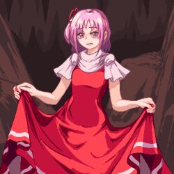  1girl breasts capelet hair_ornament highres mountain nukekip one_side_up open_mouth pink_eyes pink_hair pixel_art purple_hair ribbon sara_(touhou) side_ponytail sleeveless small_breasts smile solo touhou 