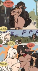  4girls animal_costume animal_ears animal_print bell bikini black_hair blonde_hair borrowed_character breasts confrontation cow_costume cow_ears cow_girl cow_hood cow_horns cow_print cow_print_bikini cow_print_gloves cow_print_thighhighs cow_tail cowbell dark-skinned_female dark_skin dodododo fake_horns gloves highres horns jojo_pose large_breasts long_hair meme menacing_(jojo) mother_and_daughter multiple_girls navel neck_bell nemumajo oh?_you&#039;re_approaching_me?_(meme) open_mouth original parody print_bikini print_gloves print_thighhighs scene_reference sound_effects swimsuit tail thighhighs walking 