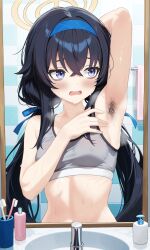  1girl absurdres armpit_hair bags_under_eyes bathroom black_hair blue_archive blue_eyes blue_hairband blue_ribbon blush breasts commentary crossed_bangs embarrassed english_commentary faucet grey_sports_bra hair_between_eyes hair_ribbon hairband halo highres lewd_chan linea_alba long_bangs long_hair low_twintails medium_breasts mirror open_mouth reflection reflection_focus ribbon sink solo sports_bra steam steaming_body sweat tile_wall tiles toothbrush twintails ui_(blue_archive) upper_body variant_set wavy_mouth yellow_halo 