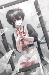  1boy :d apron bags_under_eyes belt beret black_eyes black_hair black_shirt blood blood_on_clothes blood_stain broken_glass double-parted_bangs glass grin hair_between_eyes hat highres holding_own_hand kinugasa0400 limbus_company looking_at_viewer low_ponytail male_focus open_mouth photo_(object) picture_frame ponytail project_moon ring_(identity)_(project_moon) sheath shirt short_hair sleeves_rolled_up smile solo teardrop_facial_mark upper_body white_apron yi_sang_(project_moon) 
