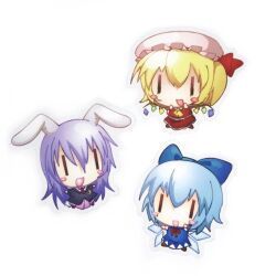  3girls :d blonde_hair blue_hair bow chibi chibi_only cirno commentary dress english_commentary fairy flandre_scarlet hat highres long_hair merchandise_available multiple_girls one_side_up onlinepetclub open_mouth purple_hair rabbit rabbit_girl rabbit_tail reisen_udongein_inaba short_hair simple_background smile tail touhou white_background wings  rating:General score:2 user:danbooru