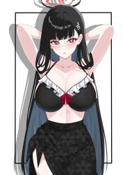  1girl absurdres arm_behind_head bikini black_bikini black_hair black_halo black_sarong blue_archive blunt_bangs blush breasts bright_pupils cleavage collarbone floral_print frilled_bikini frills hair_ornament hairclip halo hazaky highres large_breasts long_hair looking_at_viewer multicolored_halo parted_lips red_eyes red_halo rio_(blue_archive) sarong solo swimsuit two-tone_halo very_long_hair white_pupils 