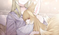  2girls absurdres animal_ears arknights blonde_hair closed_eyes closed_mouth commentary dated_commentary english_commentary eyes_out_of_frame fox_ears fox_girl fox_tail head_out_of_frame highres hug kitsune kyuubi long_hair long_sleeves mother_and_daughter multiple_girls multiple_tails samip suzuran_(arknights) tail vulpisfoglia_(arknights) 