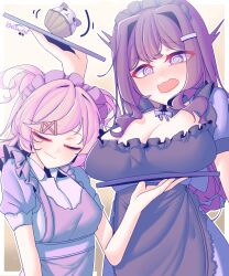  2girls @_@ absurdres apron artist_name black_apron breasts cleavage closed_eyes cupcake doki_doki_literature_club food hair_ornament height_difference highres holding holding_plate large_breasts long_hair multiple_girls natsuki_(doki_doki_literature_club) open_mouth pink_apron pink_hair plate purple_eyes purple_hair ribbon short_hair short_sleeves signature simple_background small_breasts surprised vioswirl yuri_(doki_doki_literature_club) 