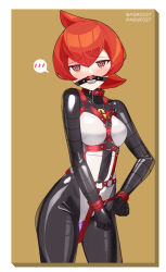  1girl @_@ absurdres ball_gag bdsm blush bodysuit bondage bondage_cuffs bound breasts censored collar cuffs dildo drooling gag gagged handcuffs harness highres impossible_bodysuit impossible_clothes latex latex_bodysuit looking_at_viewer maguro27 mars_(pokemon) medium_breasts mosaic_censoring nintendo object_insertion pokemon pokemon_dppt red_eyes red_hair sex_toy shibarikini skin_tight slave smile solo standing vaginal vaginal_object_insertion 