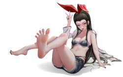  1girl absurdres barefoot black_eyes black_hair crossed_legs denim denim_shorts feet hairband heart heart-shaped_pupils highres light_blush long_hair looking_at_viewer mumuy shorts soles symbol-shaped_pupils toes tongue tongue_out v 