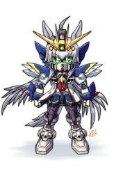  ahoge animal_ears blue_eyes feathers green_eyes grey_hair gundam gundam_wing gundam_wing:_endless_waltz hair_between_eyes hashtag-only_commentary highres horse_ears horse_girl horse_tail long_hair looking_at_viewer mayohi_neko mecha mecha_focus mechanical_wings mechanization mobile_suit multicolored_hair oguri_cap_(umamusume) robot science_fiction sd_gundam tail umamusume v-fin wing_gundam_zero_custom wings 