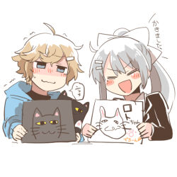  1boy 1girl :d black_jacket blazer blue_jacket blush_stickers brown_hair chibi closed_eyes closed_mouth drawing_(object) grey_eyes grey_hair hair_ornament hairclip higuchi_kaede higuchi_kaede_(1st_costume) hood hood_down hooded_jacket jacket kanae_(1st_costume)_(nijisanji) kanae_(nijisanji) long_hair lowres mole mole_under_eye nijisanji open_mouth ponytail rebecca_(keinelove) roto_(kanae) school_uniform simple_background smile translation_request trembling v-shaped_eyebrows virtual_youtuber wavy_mouth white_background 