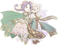  1boy 1girl arch_bishop_(ragnarok_online) armor armored_boots armored_dress blonde_hair boots bow braid brown_gloves brown_shirt brown_shoes closed_mouth coat commentary_request cross dress fingerless_gloves full_body gloves gold_trim green_coat green_dress hair_bow holding_hands long_hair looking_at_another looking_to_the_side official_alternate_costume open_clothes open_coat open_mouth pants pantyhose pauldrons petticoat pink_bow purple_hair ragnarok_online royal_guard_(ragnarok_online) sharari shirt shoes short_hair shoulder_armor shrug_(clothing) simple_background single_braid smile solid_oval_eyes variant_set white_background white_pants white_pantyhose 