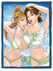  2girls alternate_hairstyle bikini bleach breasts brown_eyes brown_hair collarbone cowboy_shot flower flower_request green_bikini hair_flower hair_ornament highres inoue_orihime kurosaki_masaki large_breasts lips long_hair looking_at_viewer mother-in-law_and_daughter-in-law multiple_girls one_eye_closed outdoors ponytail rozuberry short_hair standing sunflower swimsuit thighs time_paradox 