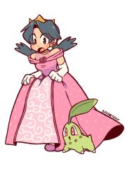  1girl :o alternate_costume bare_shoulders black_eyes black_hair blush blush_stickers breasts chikorita dress elbow_gloves eyelashes full_body gen_2_pokemon gloves highres kris_(pokemon) low_twintails medium_breasts nintendo off-shoulder_dress off_shoulder open_mouth pink_dress pink_shoes pokemon pokemon_(creature) pokemon_gsc shoes short_hair short_twintails simple_background sofo_soup twintails white_background white_gloves 