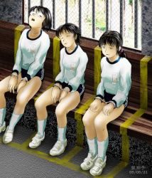 3girls buruma chain cuffs gin_nasu gym_uniform handcuffs multiple_girls rating:Sensitive score:23 user:demetrio-001000