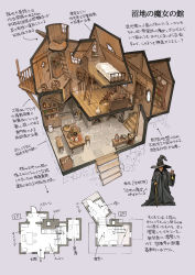  1girl arrow_(symbol) balcony basket bed bench black_robe bookshelf bowl bucket cane cobblestone door floorplan hat highres isometric ladder lantern mirror old old_woman original railing robe shelf spinning_wheel stairs stool stove table window witch witch_hat wooden_floor yoshida_seiji  rating:General score:24 user:Dweenie