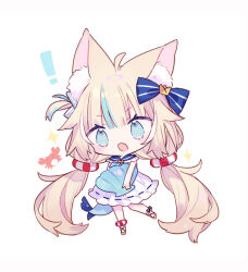  ! 1girl animal_ear_fluff animal_ears blonde_hair blue_bow blue_eyes blue_hair bow cat_ears chibi crab dress fang hair_bow indie_virtual_youtuber lifebuoy_hair_ornament long_hair low_twintails mizumizu_(phoenix) multicolored_hair sameko_saba seashell shell simple_background solo streaked_hair tail twintails two-tone_hair white_background white_dress 