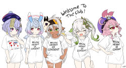  5girls absurdres blue_hair bottomless clothes_writing dark_skin dori_(genshin_impact) flatculture genshin_impact glasses grey_hair hair_ornament hat headband highres iansan_(genshin_impact) loli lolibaba meme_attire multiple_girls nahida_(genshin_impact) oversized_clothes oversized_shirt pink_hair pointy_ears qiqi_(genshin_impact) shirt sigewinne_(genshin_impact) white_shirt zombie 