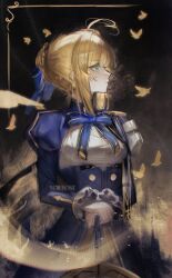  1girl ahoge armor artist_name artoria_pendragon_(fate) beak bird black_background blonde_hair blue_bow blue_bowtie blue_dress bow bowtie braid breasts buttons cleavage_cutout closed_mouth clothing_cutout cowboy_shot dress excalibur_(fate/stay_night) fate/stay_night fate/unlimited_blade_works fate_(series) feathered_wings frills gradient_background green_eyes hair_between_eyes hair_bow hair_bun hands_up highres holding holding_sword holding_weapon honkai:_star_rail honkai_(series) juliet_sleeves long_sleeves looking_to_the_side medium_breasts puffy_sleeves saber_(fate) saber_(honkai:_star_rail)_(fate) short_hair shoulder_armor sidelocks smile solo standing sword two-tone_dress weapon white_dress wings yellow_background yorulost 