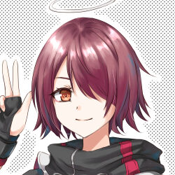  1girl arknights arm_up black_gloves blue_hair closed_mouth commentary_request exusiai_(arknights) fingerless_gloves gloves hair_over_one_eye halo looking_at_viewer multicolored_hair one_eye_covered orange_eyes partial_commentary pink_hair polka_dot polka_dot_background portrait short_hair smile solo streaked_hair traditional_halo w white_background white_halo you_steelo 