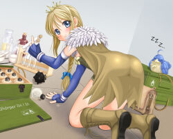  1girl 2000s_(style) alchemist_(ragnarok_online) alchemy ass bag bird blonde_hair blue_bird blue_bow blue_eyes blue_gloves blush bottle bow braid breasts brown_cape brown_dress cape closed_mouth crown dress elbow_gloves filir_(ragnarok_online) fingerless_gloves full_body fur_collar gloves hair_bow highres indoors kahis_(sweetbriar) long_hair looking_at_viewer looking_back mortar_(bowl) on_floor pestle potion ragnarok_online short_dress single_braid small_breasts smile solo strapless strapless_dress vial zzz 
