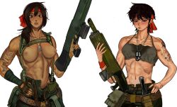  2girls abs ammunition_belt bandana black_eyes black_har brown_hair catachan_jungle_fighter dog_tags earrings fingerless_gloves gloves green_pants hand_wraps highres jewelry kkghost_tv lasgun load_bearing_equipment long_hair looking_at_viewer machete multiple_girls muscular muscular_female navel nipples pants red_bandana scar scar_on_face sheath sheathed short_hair single_fingerless_glove tattoo toned toned_female topless_female unlit_cigarette_in_mouth warhammer_40k white_background wristband 