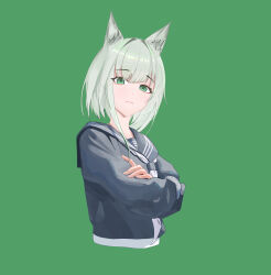  1girl absurdres animal_ear_fluff animal_ears arknights black_sailor_collar black_shirt blouse commentary_typo cropped_torso crossed_arms fingernails green_background green_eyes green_hair highres kal&#039;tsit_(arknights) long_sleeves looking_at_viewer manato_(user_htfd4528) neckerchief parted_lips sailor_collar school_uniform shirt short_hair simple_background solo white_neckerchief 
