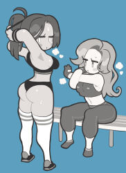  2girls adjusting_hair armpits arms_up ass bench blue_background blush_stickers breasts commentary flat_color gashi-gashi gloves greyscale long_hair looking_back medium_breasts midriff monochrome multiple_girls no_pupils original ponytail simple_background sitting stretching sweat symbol-only_commentary thighhighs  rating:Sensitive score:16 user:danbooru