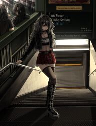  2girls 4others absurdres animal_ears black_boots black_hair black_thighhighs boots breasts brown_eyes choker cropped_jacket english_text gothic_lolita hair_between_eyes highres horns jacket lobsteranian lolita_fashion long_hair medium_breasts midriff multiple_girls multiple_others on_stairs open_clothes open_jacket original pleated_skirt short_hair skirt solo_focus thighhighs 