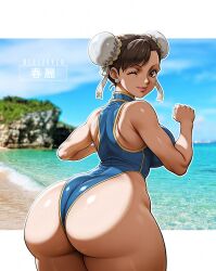  1girl ai-assisted artist_name ass ass_focus asymmetrical_bangs beach brown_hair bun_cover capcom chun-li clenched_hand curvy double_bun earrings from_behind hair_bun halftone halftone_background highleg highres huge_ass jewelry large_areolae lips looking_at_viewer mature_female neolurker one-piece_swimsuit one_eye_closed outdoors outline photo_background plump smile solo street_fighter swimsuit thick_thighs thighs white_outline wide_hips 