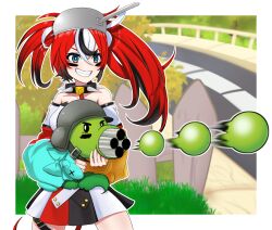  1girl absurdres animal_ears black_hair blue_eyes blush bow breasts gatling_pea_(plants_vs._zombies) hair_ornament hakos_baelz highres hololive hololive_english long_hair looking_at_viewer mouse_ears mouse_girl mouse_tail multicolored_hair multiple_girls open_mouth original plants_vs._zombies r-johnson red_hair shirt smile solo streaked_hair tail twintails virtual_youtuber white_hair 
