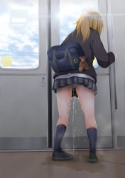1girl bag black_jacket black_shoes blonde_hair blue_sky blue_socks cloud day female_focus from_behind full_body gokiburi_no_dashi hand_up highres jacket kneehighs long_hair long_sleeves miniskirt original panties pee peeing peeing_self plaid_clothes plaid_skirt pleated_skirt puddle school_uniform shirt shoes skirt sky socks solo standing steam stuffed_animal stuffed_toy sunlight teddy_bear train_interior underwear wet wet_clothes wet_panties white_panties white_shirt window rating:Questionable score:66 user:AngryZapdos