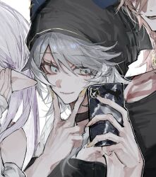  1boy 2girls alternate_costume black_choker black_hat boy_and_girl_sandwich camera_flash castorice_(honkai:_star_rail) cellphone chest_tattoo choker cipher_(honkai:_star_rail) closed_mouth commentary_request cropped fingernails grey_eyes grey_hair hands_up hat height_difference highres holding holding_phone honkai:_star_rail honkai_(series) inward_v light_blush long_fingernails looking_at_phone multiple_girls mydei_(honkai:_star_rail) nail_polish out_of_frame phone pointy_ears portrait sandwiched selfie simple_background smartphone smartphone_case smile solo_focus strapless sunset_1830 tattoo v v_over_mouth variant_set white_background white_hair yellow_nails 
